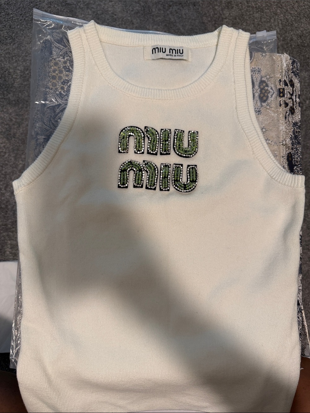 Miu Miu Cream Tank with Green Beaded Logo